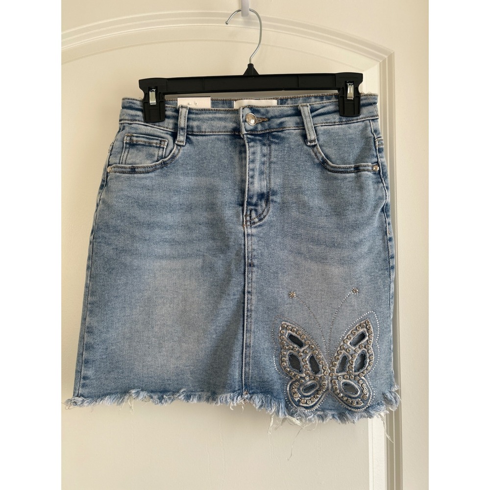 Nina Rossi Blue Denim Butterfly Rhinestone Y2K Mini Skirt NWT Size M NR3112